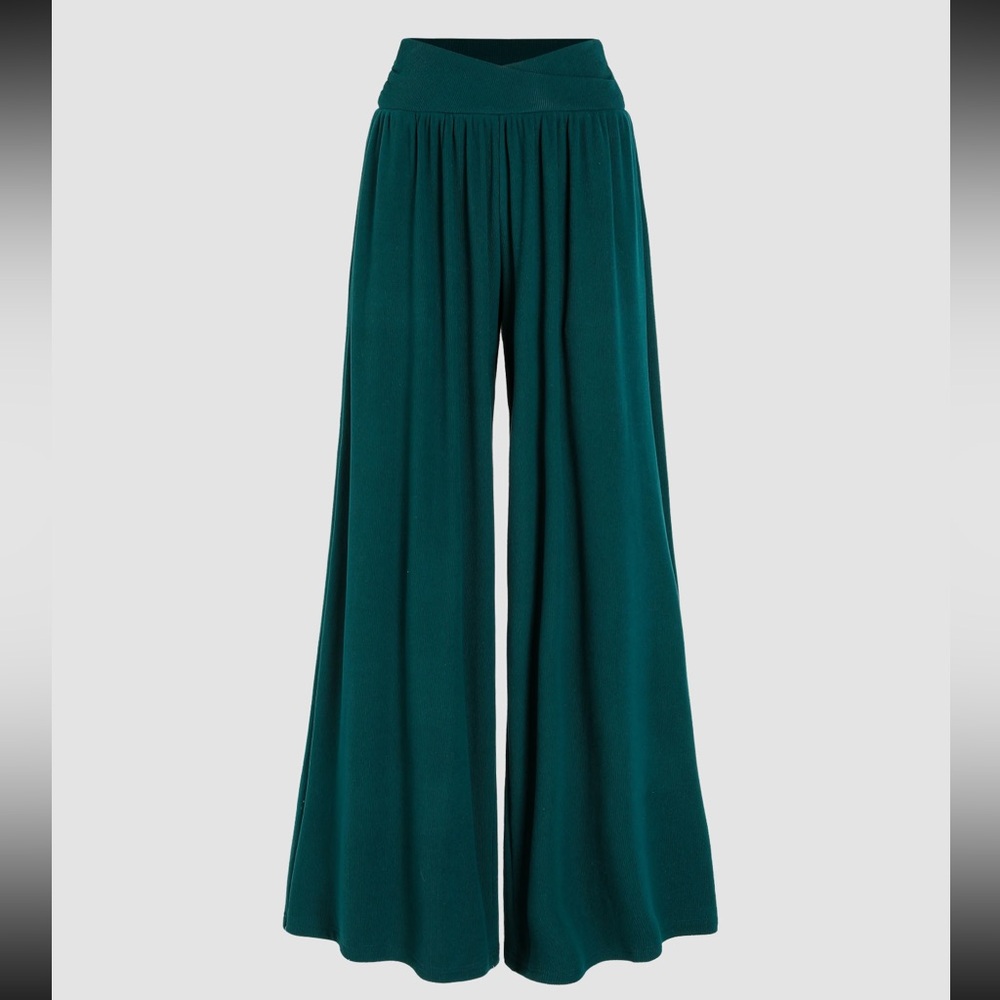 Cider High Waist Solid Wide Leg Trousers - Green (Size L)